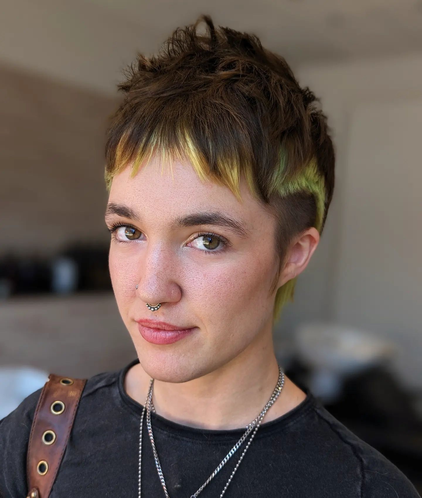 Brown Jagged Undercut Pixie with Neon Accents